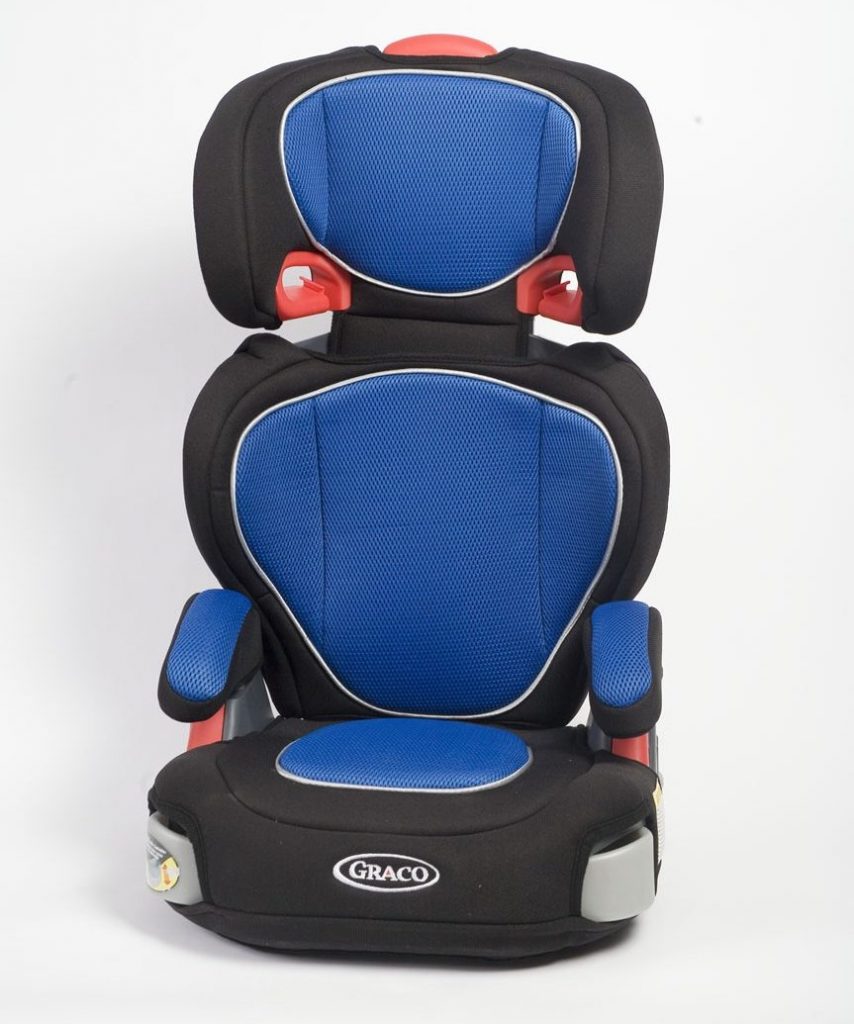 A high-back booster seat with shoulder strap slots