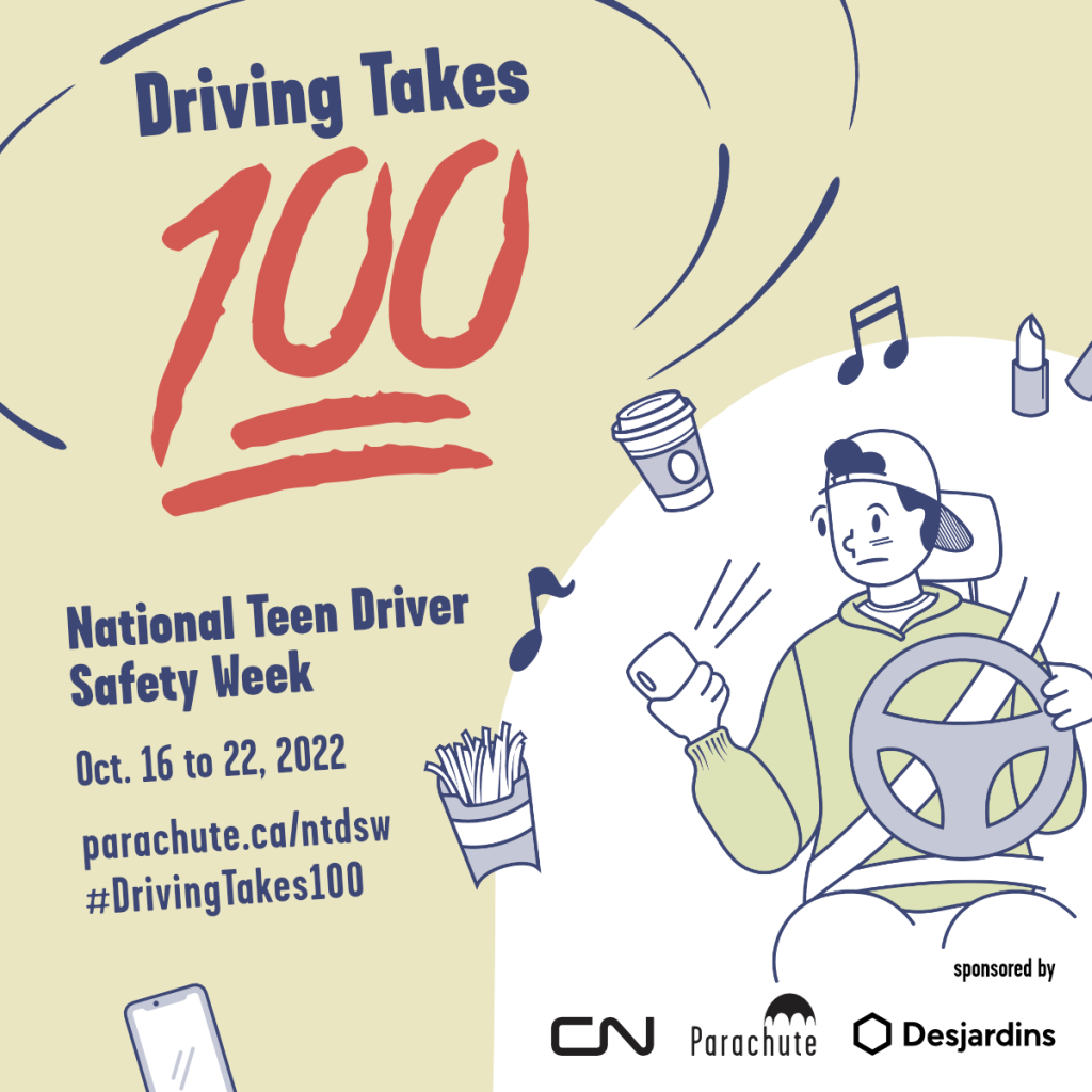 Banner for National Teen Driver Safety Week 2022 - Driving Takes 100
